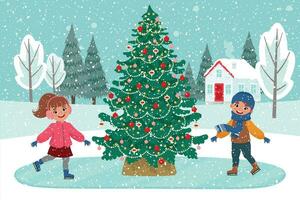 Navidad árbol en invierno antecedentes. niños en patines plano vector ilustración