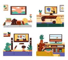 Set of people watching tv at freetime together flat vector illustration. Family sitting on couch and watching tv.