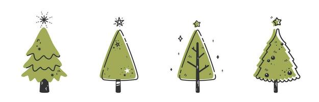 A various set of cute Christmas tree with lovely decoration line art and monotone flat vector illustration isolated on white background. Merry Christmas and Happy New Year.