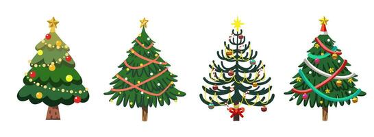 A various set of cute Christmas tree with lovely decoration cartoon flat vector illustration. Merry Christmas and Happy New Year