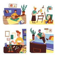 Set of people doing their hobbies at home cartoon character flat vector illustration isolated on white background. Relaxing at home.