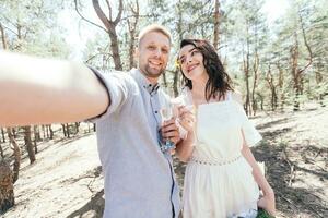 Wedding walk in the pine forest. Sunny day. photo