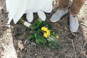 Wedding walk in the pine forest. Sunny day. photo