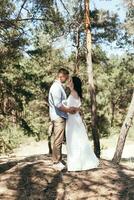 Wedding walk in the pine forest. Sunny day. photo