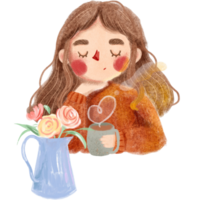 watercolor illustration of a cute girl with a cup of tea, flowers and a heart. png