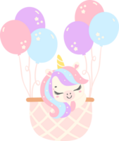 mignonne bébé Licorne sur ballon air dessin animé illustration png