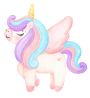 carino bambino unicorno seduta acquerello cartone animato illustrazione png