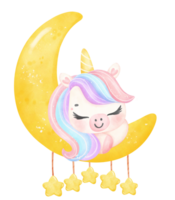 mignonne bébé Licorne sur croissant aquarelle dessin animé illustration png