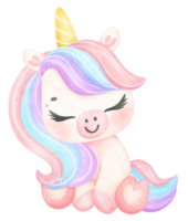 carino bambino unicorno seduta acquerello cartone animato illustrazione png