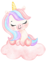 carino bambino unicorno addormentato su nube acquerello cartone animato illustrazione png