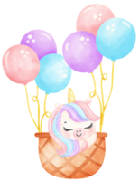 Cute Baby Unicorn with balloon watercolor cartoon illustration png