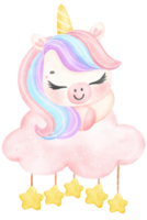 Cute Baby Unicorn sleeping on cloud watercolor cartoon illustration png