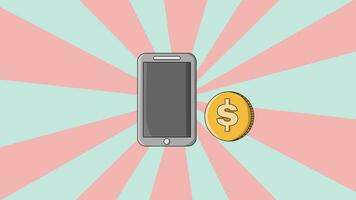 Animation of smartphone icon and dollar coin icon with rotating background video