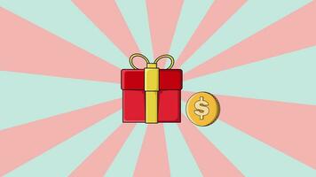 Animation von das Geschenk Symbol und Dollar Münze Symbol mit ein rotierend Hintergrund video