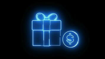 animatie van de geschenk icoon en dollar munt icoon met een verlichting sabel effect video