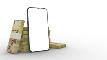 3D rendering of a mobile phone with  blank screen in front of stacks of Tunisian dinar notes isolated on transparent background. png