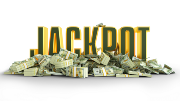 US dollar notes spread around 3D Jackpot text. 3d text surrounded with pile of bank notes.3d rendering png