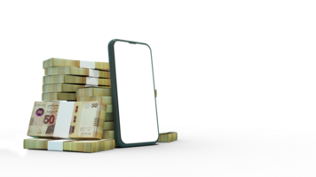 3D rendering of a mobile phone with  blank screen in front of stacks of Tunisian dinar notes isolated on transparent background. png