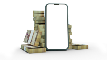 3D rendering of a mobile phone with  blank screen in front of stacks of Tunisian dinar notes isolated on transparent background. png