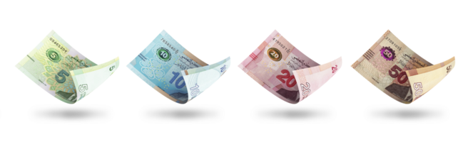 Set of Tunisian dinar notes in different denominations. 3d illustration png