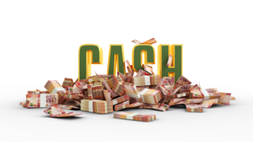 Ghanaian cedi notes spread around 3D cash text. text surrounded with pile of bank notes.3d rendering png