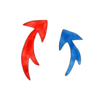 Watercolor set of blue and red curved arrows. Pointer, guide, show. Comic cursors collection. Isolated . Drawn by hand. png