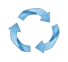 Watercolor illustration of blue garbage disposal sign isolated. Reuse symbol for ecological design. Wasteless lifestyle. Isolated . Drawn by hand. png