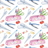 Watercolor illustration of office seamless pattern, school supplies pencil case, pens, pencils, scissors, compasses, sharpener, eraser, paper airplane. Back to school. Isolated, hand drawn png