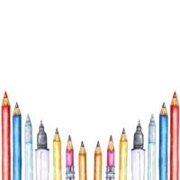Watercolor illustration of a frame of pencils and pens. Back to School Writing supplies for posters, posters, postcards, holiday decor. Isolated. Drawn by hand. png