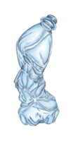 Watercolor drawing of a blue crumpled plastic bottle. Realistic crumpled empty packaging. Garbage recycling concept, discarded garbage. Symbol of pollution and waste. Let's save the world from plastic png