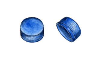 Watercolor illustration set of blue plastic bottle caps. Garbage recycling concept, discarded garbage. Symbol of pollution and waste. Let's save the world from plastic. Isolated png