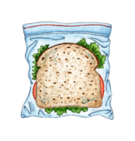 Watercolor illustration of a sandwich in a plastic bag for breakfast, or lunch. Takeaway package clipart for menus, banners, package design. Isolated. Drawn by hand. png
