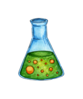 Watercolor illustration of a triangular flask with green liquid and yellow bubbles inside. Using glass flasks for chemical analysis or experiment and making potion. Laboratory equipment. isolated png