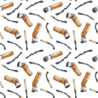 Watercolor illustration of a pattern of cigarette butts and burnt matches. Harm of smoking, stop smoking. Garbage, dirt and debris set. Garbage recycling concept, discarded garbage. Isolated png