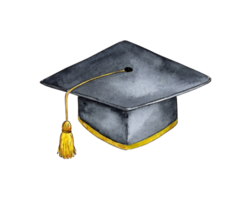 Watercolor illustration of cap student, graduate. Academic graduation celebration. University hat. Isolated. Drawn by hand. png