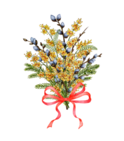 vattenfärg illustration av bukett av mimosa och vide grenar med rosa band, påsk hälsning kort. vår festival. internationell kvinnors dag. isolerat. dragen förbi hand. png