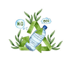 Watercolor illustration of a green recycle sign with plant sprigs and a bottle of water. Reuse symbol for ecological design. Wasteless lifestyle. Isolated. Drawn by hand. png