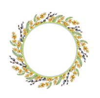 aquarelle illustration Cadre de printemps fleurs et couronne branches. magnifique rond Cadre de aquarelle mimosa et saule dans jaune, gris couleur. floral modèle pour mariage invitation, cadeau carte, png