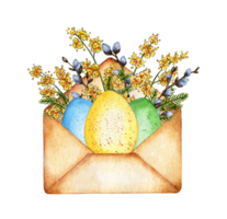 Watercolor illustration of an envelope with Easter eggs, willow and mimosa. Design for greeting card, banner, flyer, cover, poster and print on other product. Isolated. drawn by hand. png