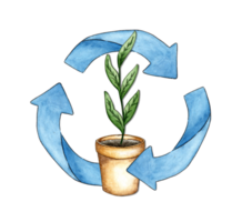 Waste recycling watercolor sign from a blue circle and a plant in a pot. Illustrations on the theme of environmental pollution. Clip art element for design, packaging, banner, postcard, poster. png