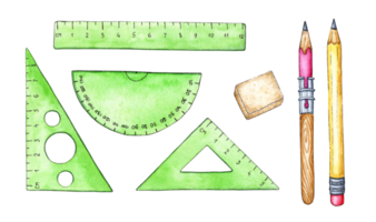 uma conjunto do aguarela ilustrações do escola assuntos para uma lição dentro matemática, desenho, geometria. papelaria - lápis, governantes e a apagador. costas para escola. Educação conceito isolado. desenhado png