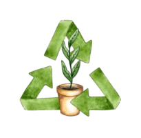 Watercolor illustration of a green recycling sign with a potted plant. Reuse symbol for ecological design. Wasteless lifestyle. Isolate png