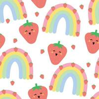 Seamless pattern with cute cartoon rainbows and strawberries for fabric prints, textiles, gift wrapping paper. colorful vector for children, flat style