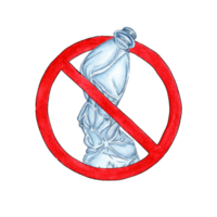 Watercolor illustration no plastic signal protest against plastic trash. Prohibition sign of a plastic bottle. Pollution problem concept. Ecological concept. Ban single use plastic campaign. png