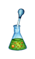 vattenfärg illustration av en triangel- flaska med en grön flytande och gul bubblor inuti och en pipett. använder sig av glas kolvar för kemisk analys eller experimentera och framställning trolldryck. laboratorium png