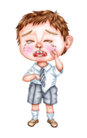 Watercolor illustration of a little crying boy. Child in school uniform. Back to school. Design for greeting card, banner, flyer, cover, poster and print on other product. isolated png