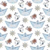 Watercolor illustration of an origami paper boat from a notebook sheet, a steering wheel, an anchor and a shell. Design for textiles and wrapping paper, children's t-shirt, nautical party png