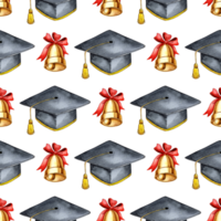 Watercolor illustration of a pattern of uniform caps and a bell with a ribbon dedicated to the graduation of academic students. Black varsity hat with gold ribbons. Isolated. Drawn by hand. png
