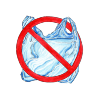 aquarelle illustration dit non affiche avec Plastique sac. interdiction signe de jetable cellophane et Plastique sac. la pollution problème concept. le paquet est dans une rouge franchi en dehors cercle. isolé png