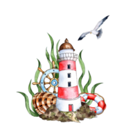 Watercolor illustration of a sea lighthouse with a rudder, a lifebuoy, a seashell, seaweed and a seagull. Composition for posters, postcards, banners, flyers, covers, posters and other printing png